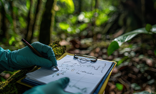 Especialista tomando notas en el campo, realizando estudios ambientales sobre la biodiversidad y los recursos naturales de la zona.